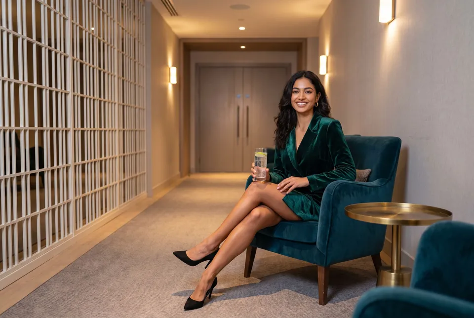 The same woman sits in a teal velvet armchair in a quiet corridor lounge, holding a glass of sparkling water.